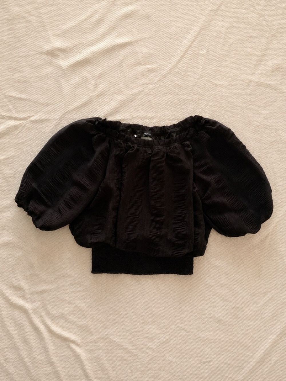 CQ by CQ Black Peasant Blouse Puff Sleeve Smocked Hem M NWOT